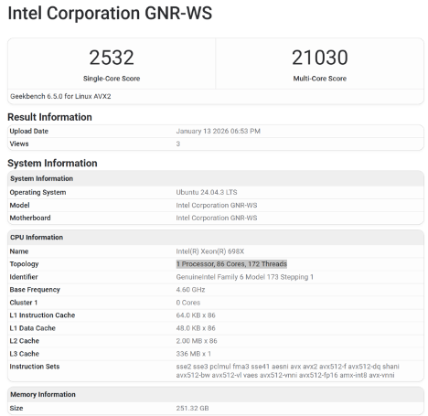 Geekbench平台已出现至强6处理器Xeon 698X跑分数据(图2) Geekbench平台已出现至强6处理器Xeon 698X跑分数据(图2)