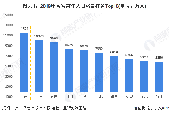 大健康产业:广东省的大健康产业发展均衡之谜(图1) 图表1:2019年各省常住人口数量排名Top10(单位:万人)