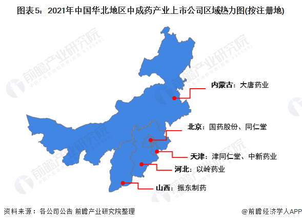 2021年中国华北地区中成药行业上市公司全方位对比(图5) 图表5:2021年中国华北地区中成药产业上市公司区域热力图(按注册地)