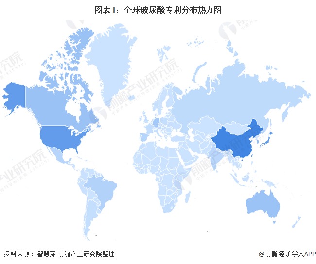 2021年中国玻尿酸市场专利现状与发展趋势分析(图1) 图表1:全球玻尿酸专利分布热力图