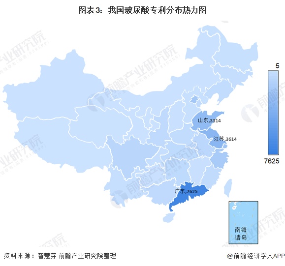 2021年中国玻尿酸市场专利现状与发展趋势分析(图4) 图表3:我国玻尿酸专利分布热力图