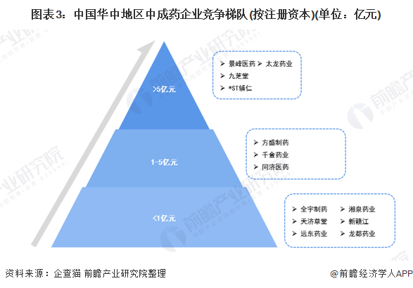 中国华中地区中成药市场竞争格局分析(图3) 图表3:中国华中地区中成药企业竞争梯队(按注册资本)(单位:亿元)