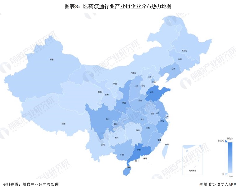 医药流通行业产业链全景梳理及区域热力地图(图3) 图表3:医药流通行业产业链企业分布热力地图