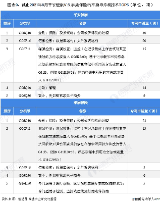图表9：截止2021年8月平安健康V.S.泰康保险汽车换电专利技术TOP5（单位：项）
