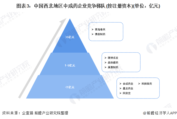 中国西北地区中成药市场竞争格局(图3) 图表3:中国西北地区中成药企业竞争梯队(按注册资本)(单位:亿元)