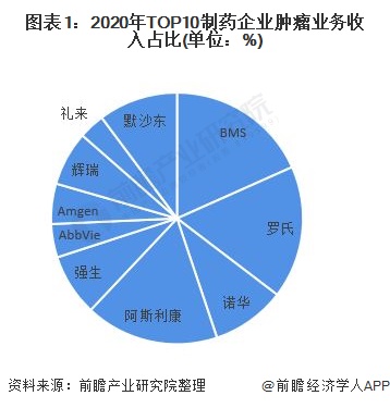 独家!百时美施贵宝公司VS霍夫曼-拉罗奇公司抗肿瘤药技术布局对比(附专利总量对比、合作申请对比、重点专利布局对比等)(图1) 图表1:2020年TOP10制药企业肿瘤业务收入占比(单位:%)