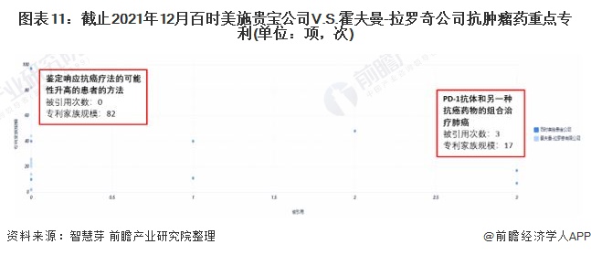 独家!百时美施贵宝公司VS霍夫曼-拉罗奇公司抗肿瘤药技术布局对比(附专利总量对比、合作申请对比、重点专利布局对比等)(图12) 图表11:截止2021年12月百时美施贵宝公司V.S.霍夫曼-拉罗奇公司抗肿瘤药重点专利(单位:项,次)