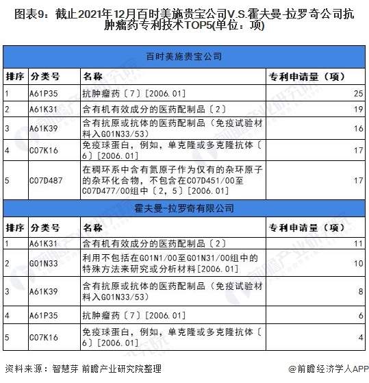 图表9：截止2021年12月百时美施贵宝公司V.S.霍夫曼-拉罗奇公司抗肿瘤药专利技术TOP5(单位：项)